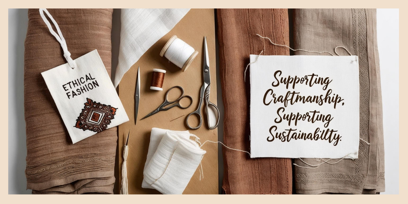 Flat lay of tools and fabrics promoting ethical and sustainable Chikankari embroidery craftsmanship.