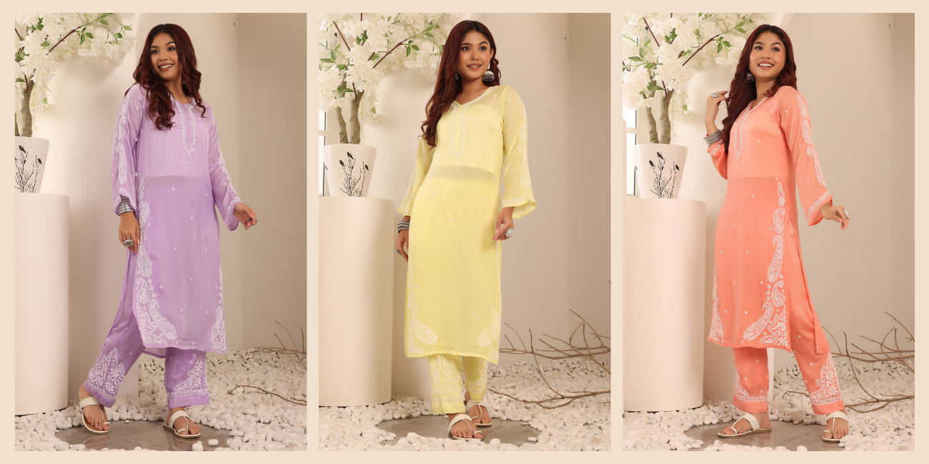Women wearing pastel Chikankari embroidered kurtis in lilac, lemon yellow, and peach shades.