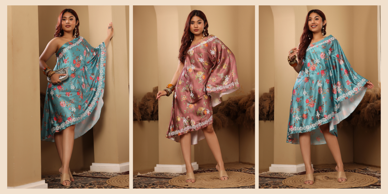 A woman wearing a chikankari off shoulder dress with color varients of teal and peach