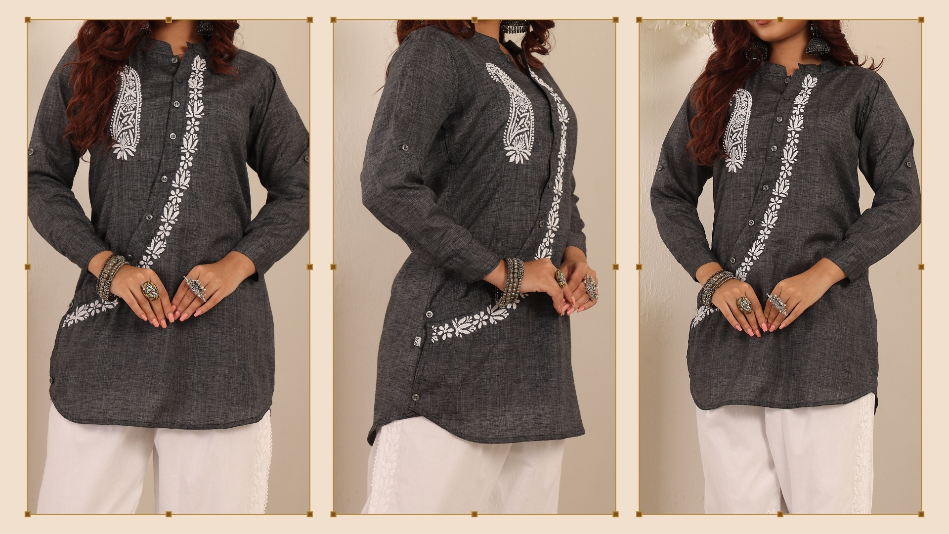 A woman wearing a grey short kurta with white floral chikankari embroidery