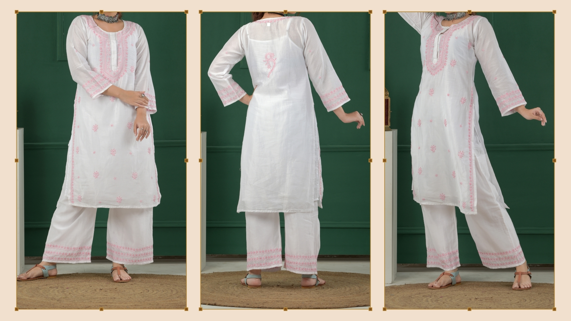 A woman showcasing the white floral chikankari embroidery on white kurta set