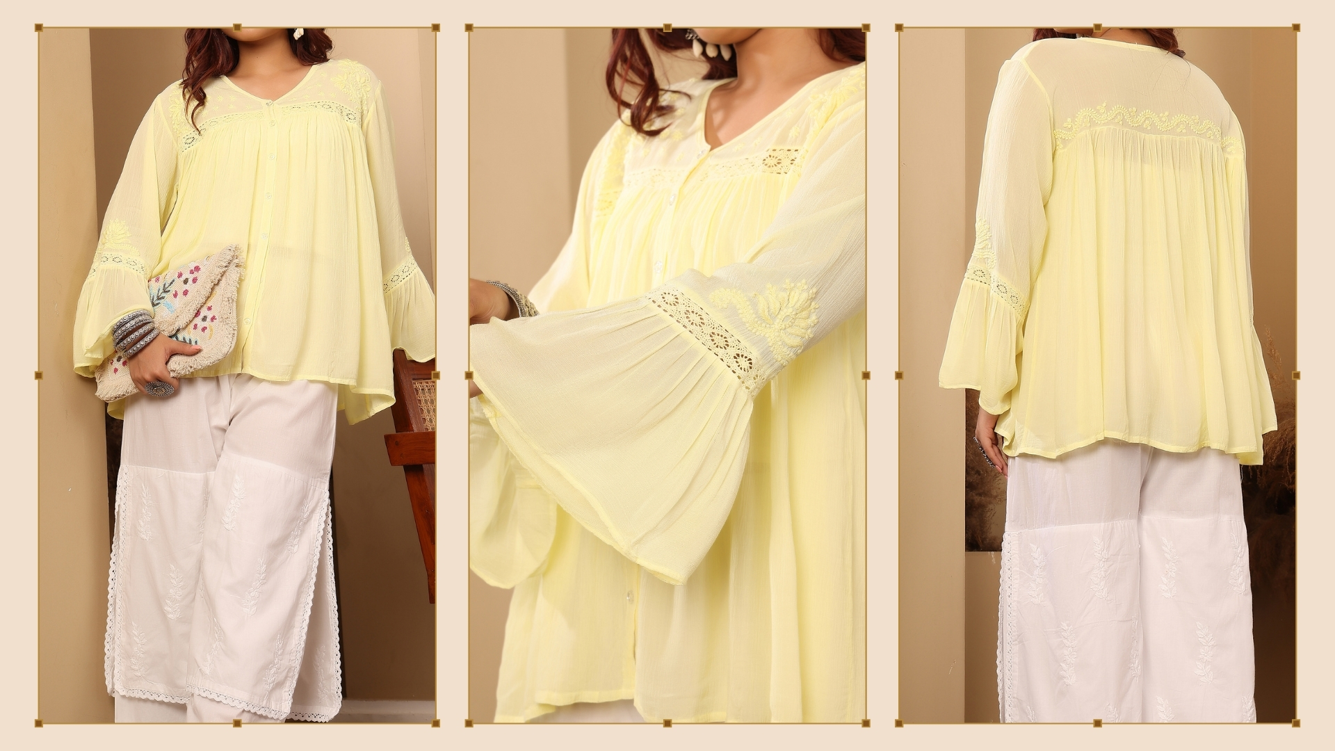 A woman showcasing a Kisakari Butter yellow top paired with chikankari embroidered palazzos