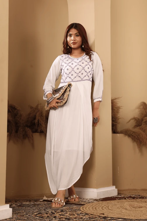 Stylish Long Asymmetric hand embroidered dress