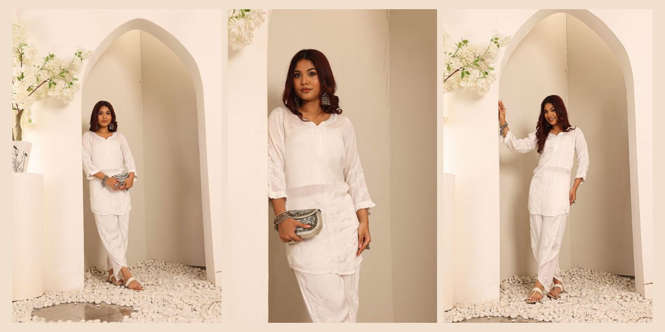woman wearing a white chikankari kurta with dhoti pant
