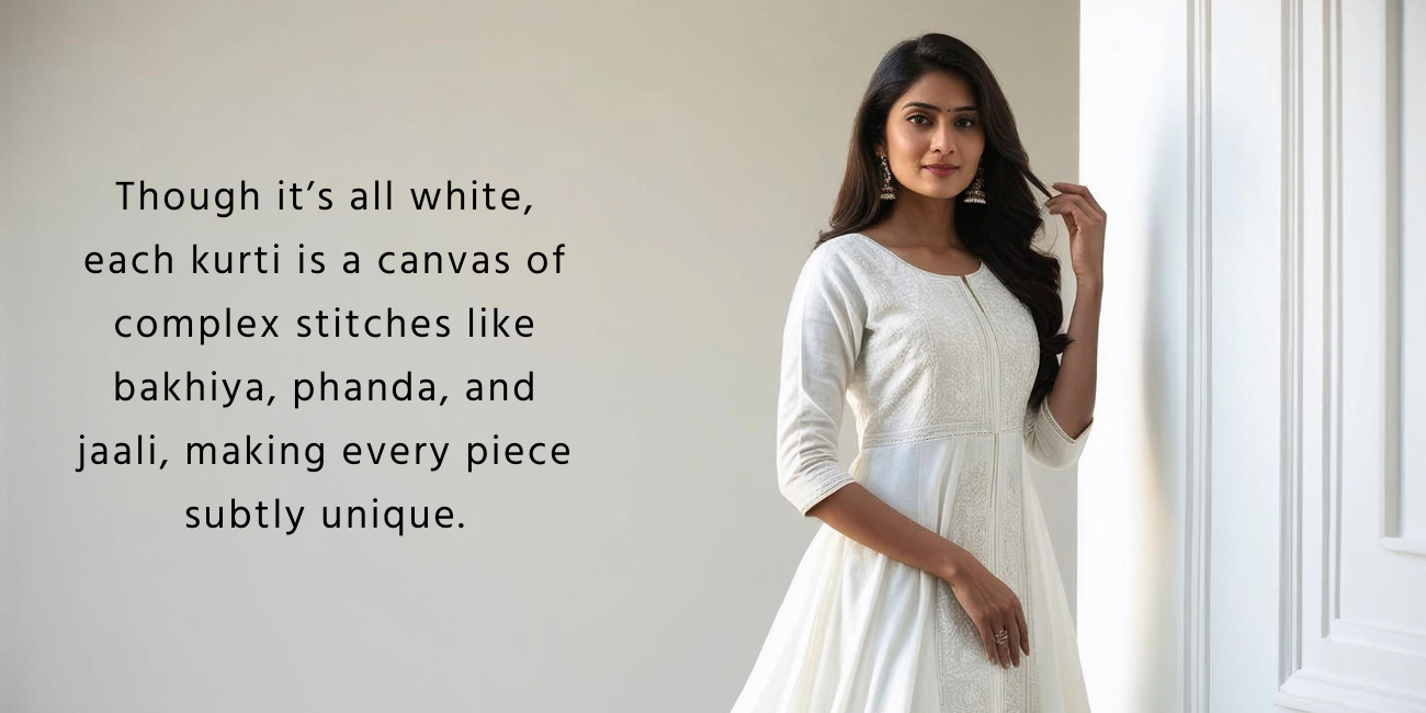 A woman wearing a white chikankari dress