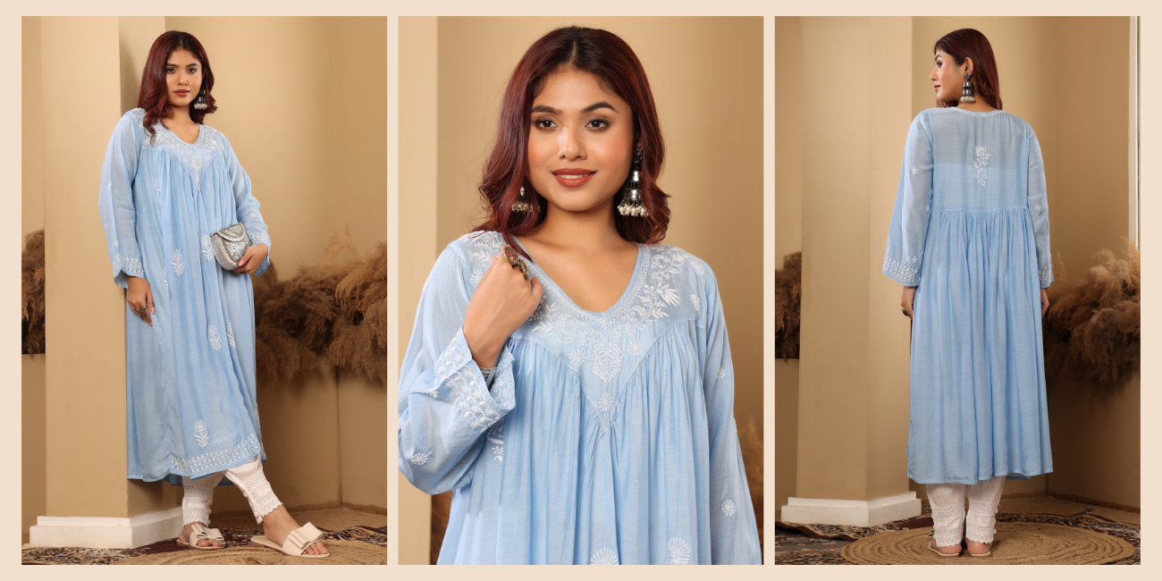 A woman wearing a gathered kurta with white chikankari embroidery