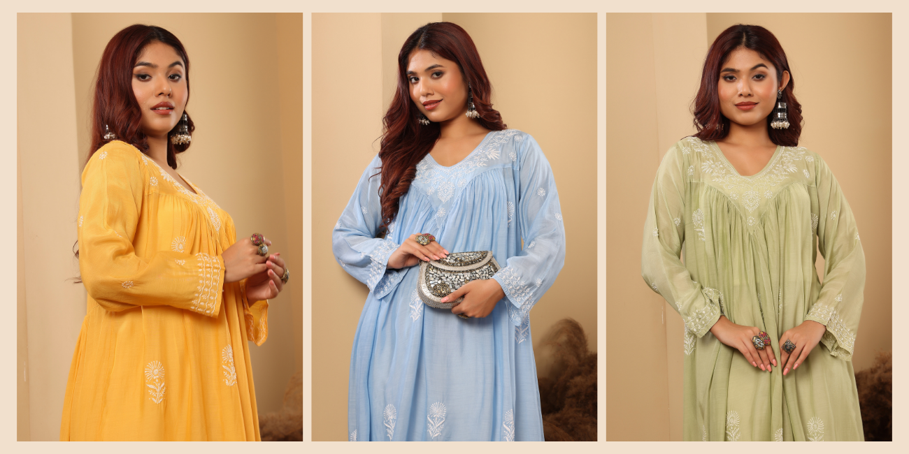A woman wearing a gathered kurta with white  floral chikankari embroidery
