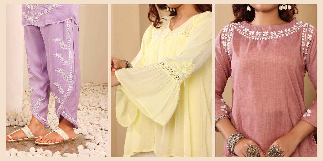 A picture showcasing the detailed floral chikankari embroidery on pants, sleeves and neckline