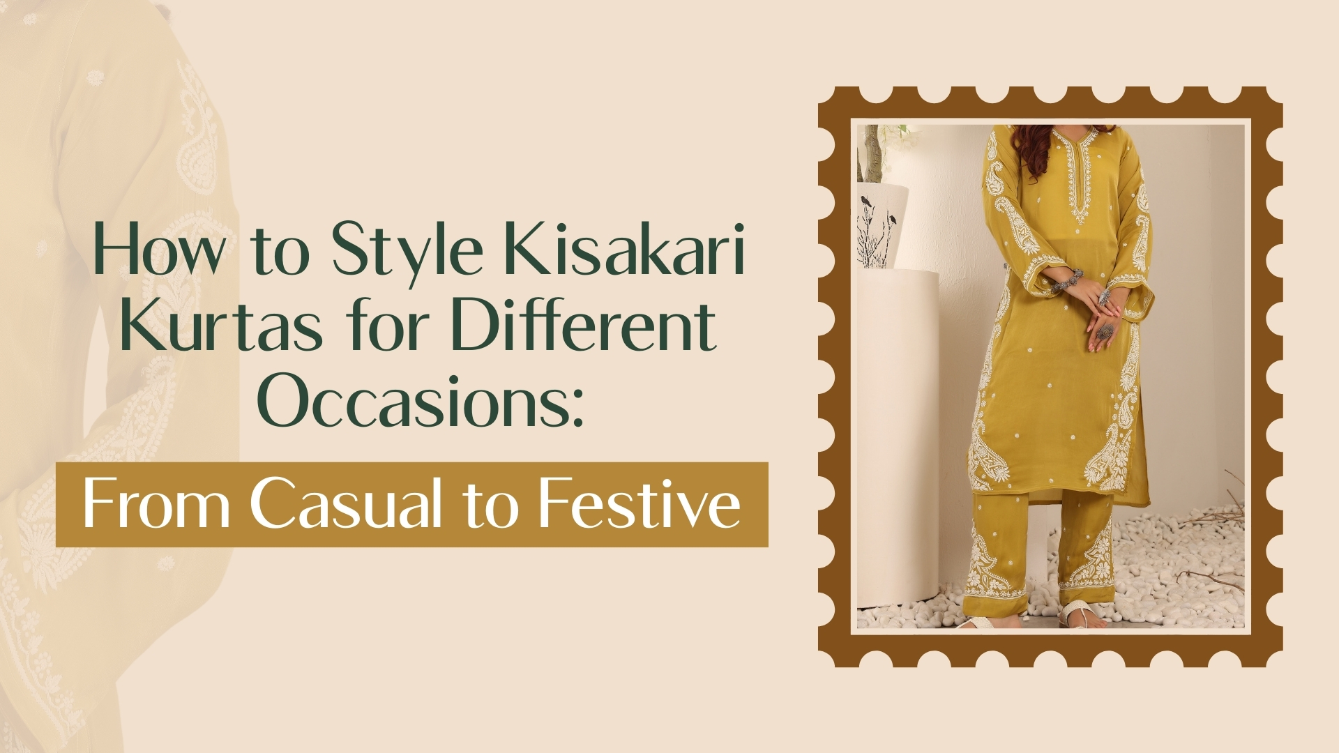 This image is showcasing a woman wearing a mustard kurta set with the blog title how to style kisakari kurtas for different occasions from casual to festive.